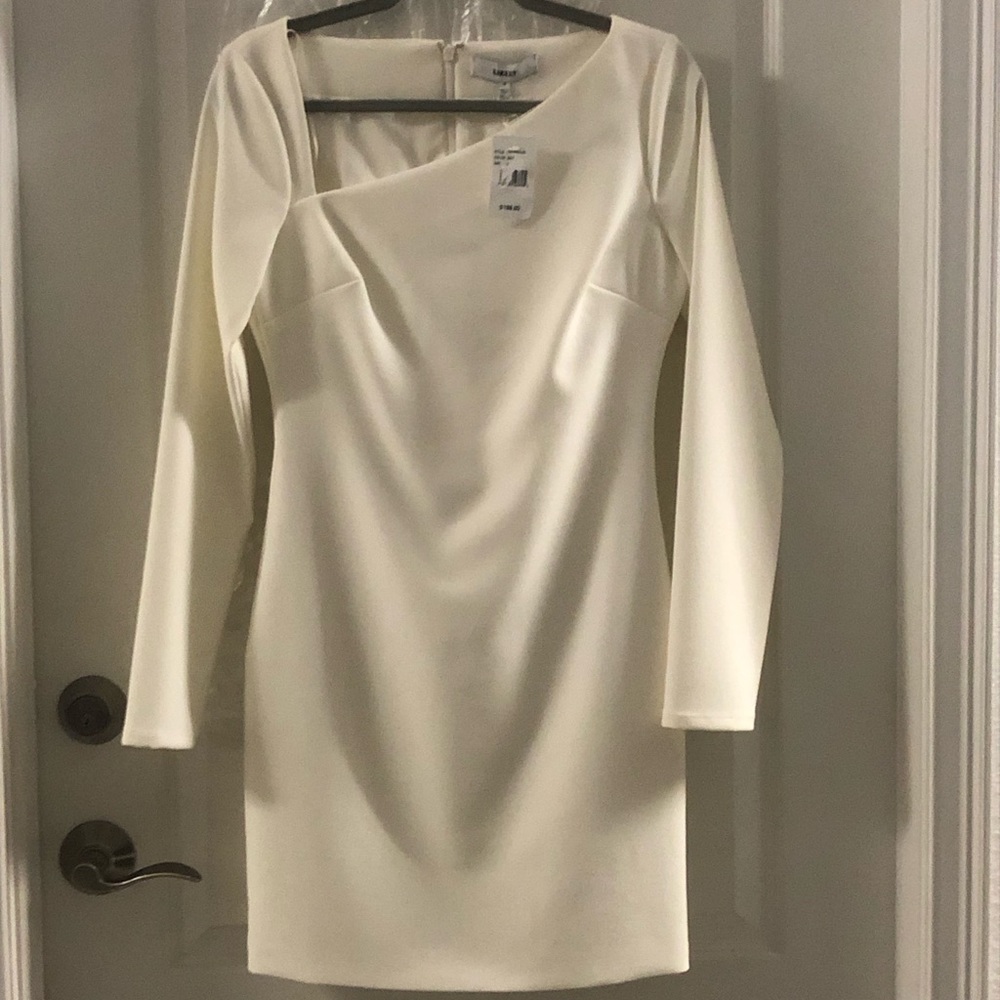 LIKELY elegant cream color dress, asymmetrical neck line, beautifully lined.